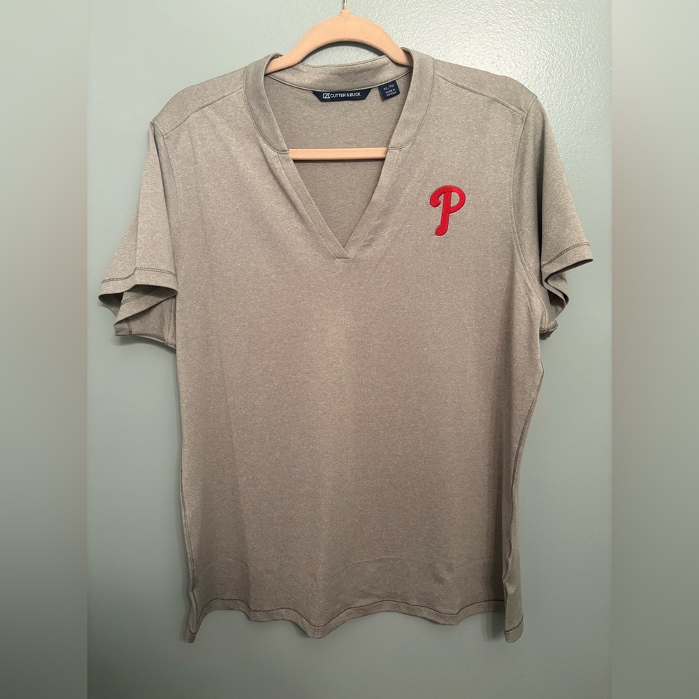 Gray V‑Neck Tee with Red Phillies “P”. Size XL
